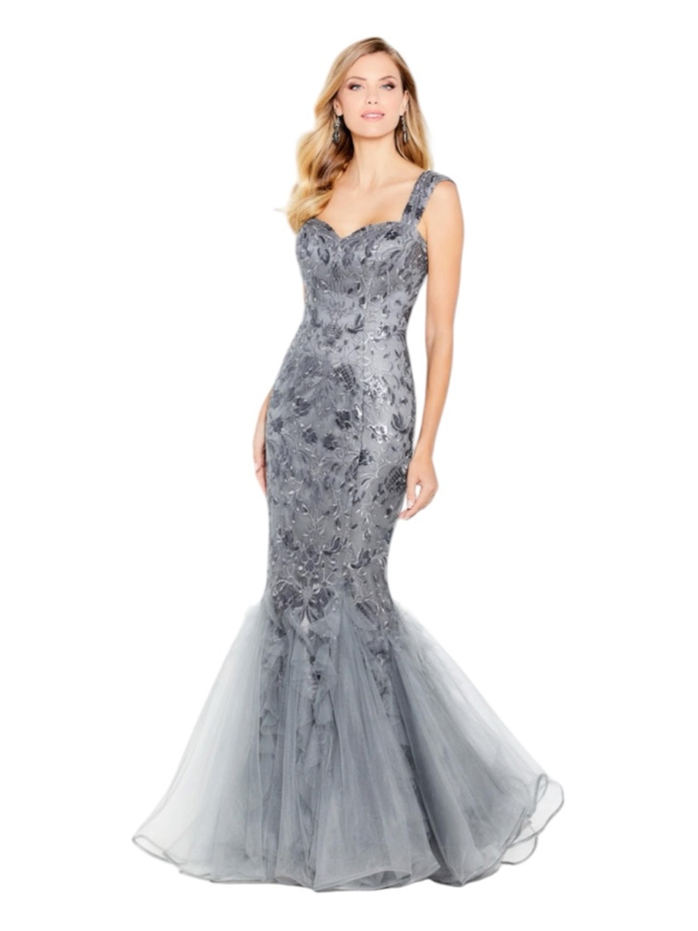Silver Gray Embroidered Mermaid Maxi Dress